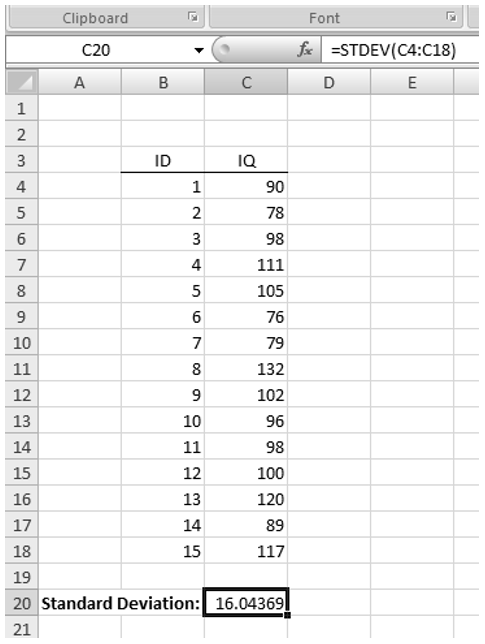 screenshot of the standard deviation computed in Excel