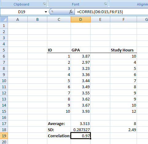 Figure 23. The CORREL Function in Excel